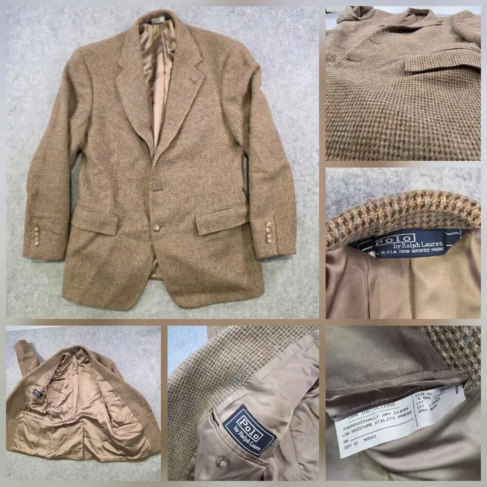 Vintage Polo Ralph Lauren Blazer‎ Sport Coat Mens 41 Brown Tweed Check USA 80s